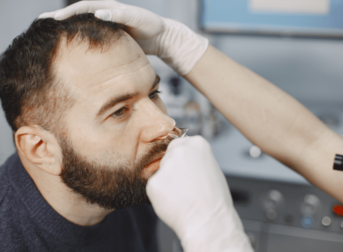 doctor checking male patient nose